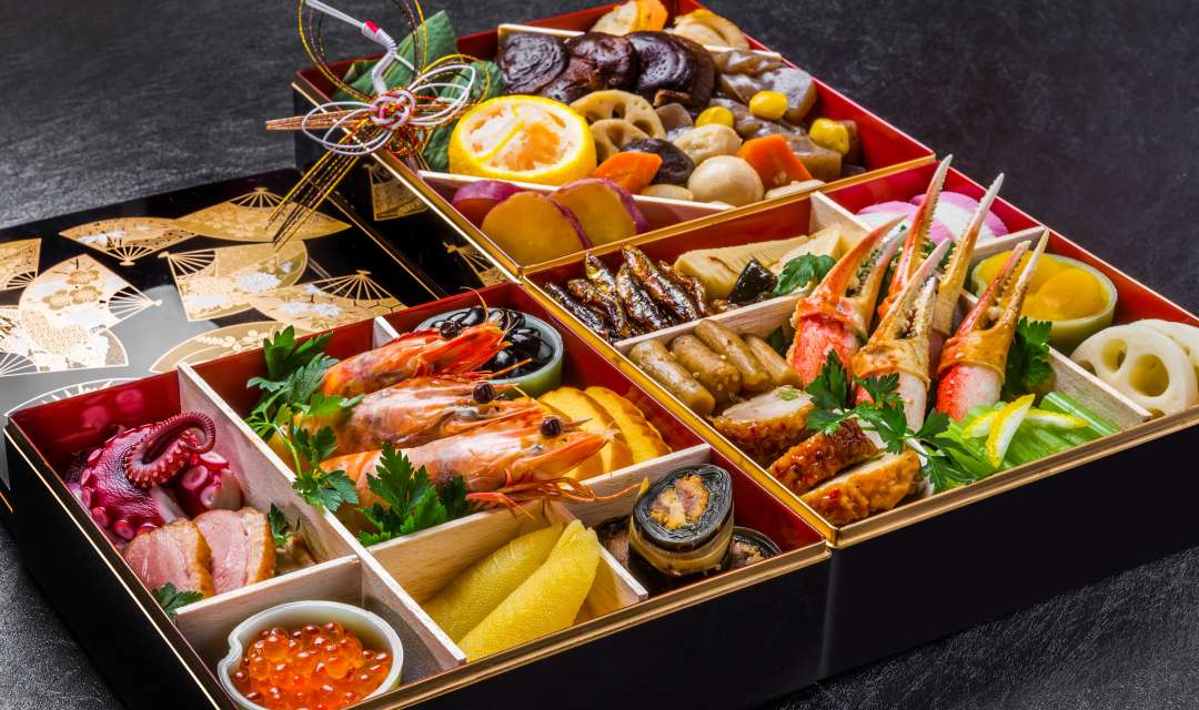 wooden boxes with compartments of seafood and vegetables