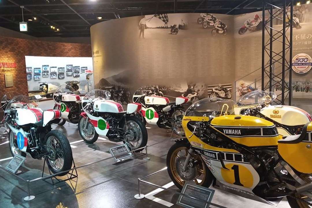 A collection of Yamaha motorbikes at the Yamaha Motor Communications Plaza in Shizuoka Prefecture.