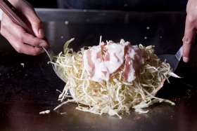 Hiroshima-style okonomiyaki on iron plate