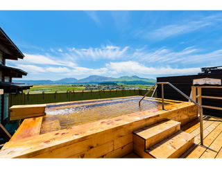 view Mount Aso from open air bath in Senomoto Kogen Hotel