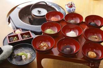 colourful meal includes mochi served in zoni (soup with red bean), zunda (mashed beans)