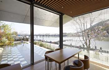 inside the cafe at fukuda art museum