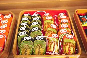 Frog omamori (charms) at Nyoirinji Temple in Fukuoka Prefecture