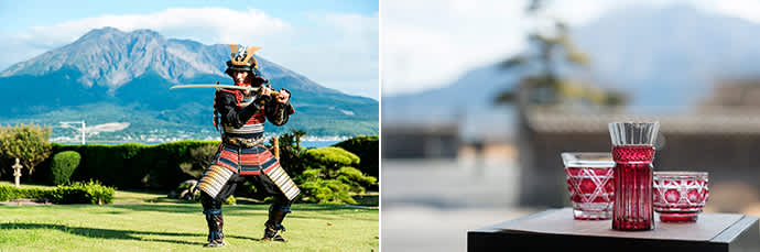 Visitors can have a photo taken in authentic samurai armor. (left) The workshop in the grounds sells Satsuma Kiriko, a traditional style of glassware from Kagoshima. (right)