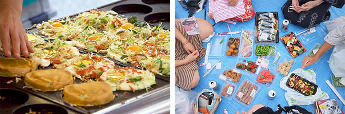 Osakayaki (left) and people sitting on a tarp enjoying fireworks while snacking on food they got at street stalls or a supermarket (right)