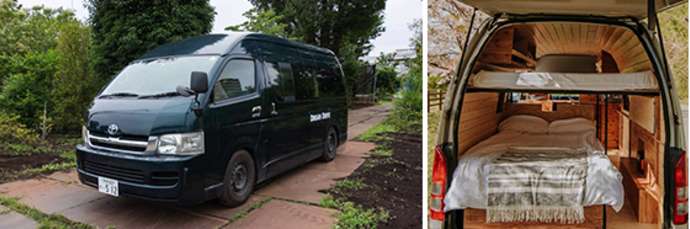 Total length of the Hiace is 5.8 yards (5.3 meters)  (left). A three-quarter bed in the back of the Hiace (right).