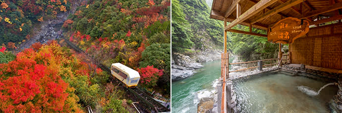 Fully enjoy the view in all four seasons from the cable car. (left) Hot springs boost the skin’s natural healing abilities. (right)