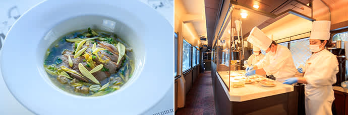 Seri (Japanese parsley) is a typical ingredient in Miyagi hot pot. (left) The dishes are prepared in the open kitchen. Watching the dishes being prepared whets the appetite. (right)