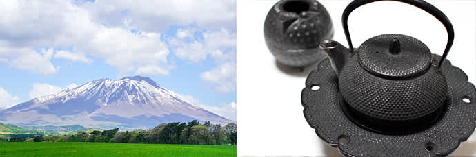 Mt. Iwate, also known as Nanbu Fuji (Southern Fuji) (left). A Nanbu tekki cast iron teapot made by a metal artisan (right)