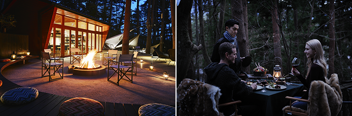 A roaring fire at Cloud Terrace. Photo credit: Hoshino Resorts (left)　 Guests enjoying dinner in the forest. Photo credit: Hoshino Resorts (right)