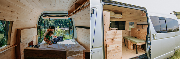 Vanlife makes family travel much easier. (left) Right: The interior of a Dream Drive camper van. (right)