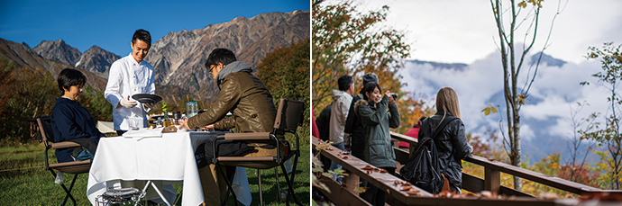 Enjoying breakfast in the Hakuba mountains. Photo credit: Happo-one Kaihatsu Co., Ltd.(left) Wandering mountain trails and taking in the mountain air. Photo credit: Happo-one Kaihatsu Co., Ltd. (right)