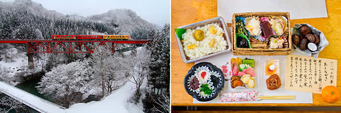 The train’s colorful exterior was inspired by the colors of the setting sun and fresh snow. (left)   Italian dishes are served on the route from Niigata to Yamagata, and Japanese cuisine is served on the Yamagata to Niigata route. (right)  Photo credit: E