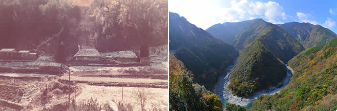 A home in Iya in 1973. Photo credit: Alex Kerr (left) The Iya Valley where a deep V-shaped valley extends outward. (right)