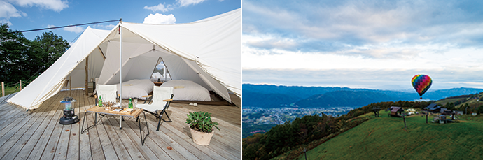 There are seven tent types at the Hakuba resort. Photo credit: Happo-one Kaihatsu Co., Ltd.(left) A hot air balloon experience. Photo credit: Happo-one Kaihatsu Co., Ltd. (right)