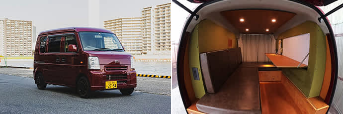 Smaller vans can manage Japan’s narrow roads with ease. (left) The bed folds up to become a sofa. (right)