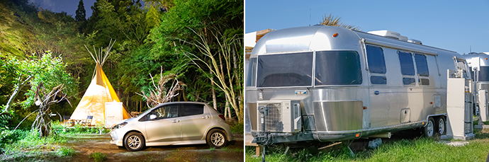 A teepee-style tent. (left) A retro-style camper trailer. (right)