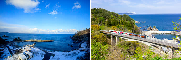 The view from Osawa Bridge. (left) The Sanriku Railway train crosses Osawa Bridge. (right)