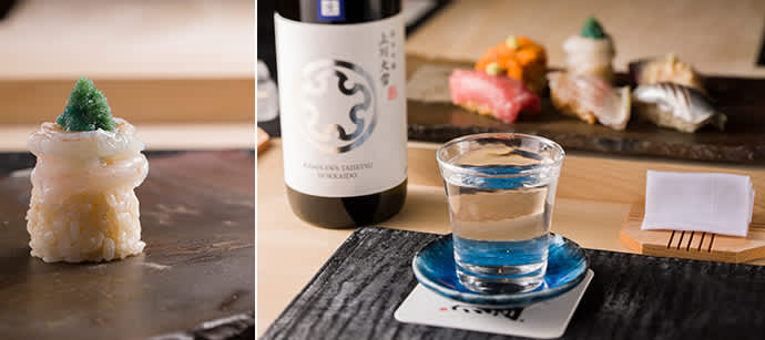 “Whole shrimp topping” has a design registration recognizing its creative beauty. (left) Sushi and Japanese sake is the ultimate pairing.