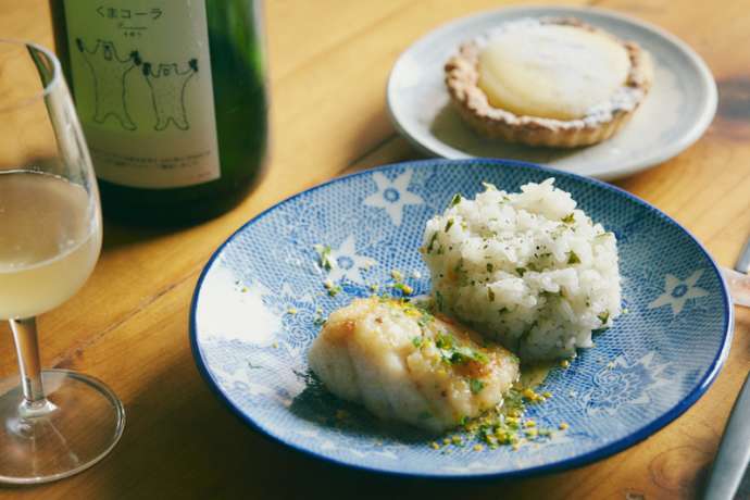 A dish at La Barque de Dionysos made with white fish