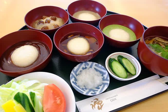 The Hiraizumi Mochi Gozen, an assortment of mochi dishes. Other popular choices include Iwate’s famous Maesawa beef, or soba noodles.