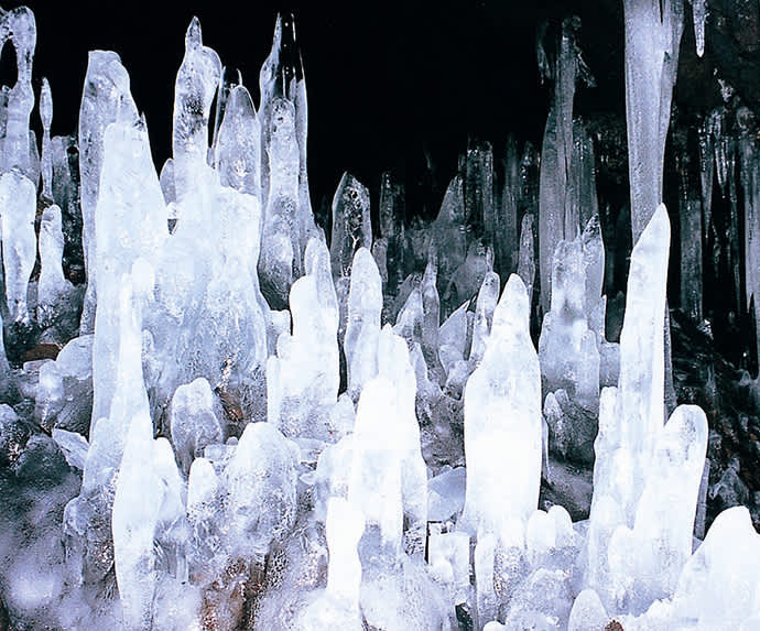 Ice pillars in Narusawa Ice Cave.