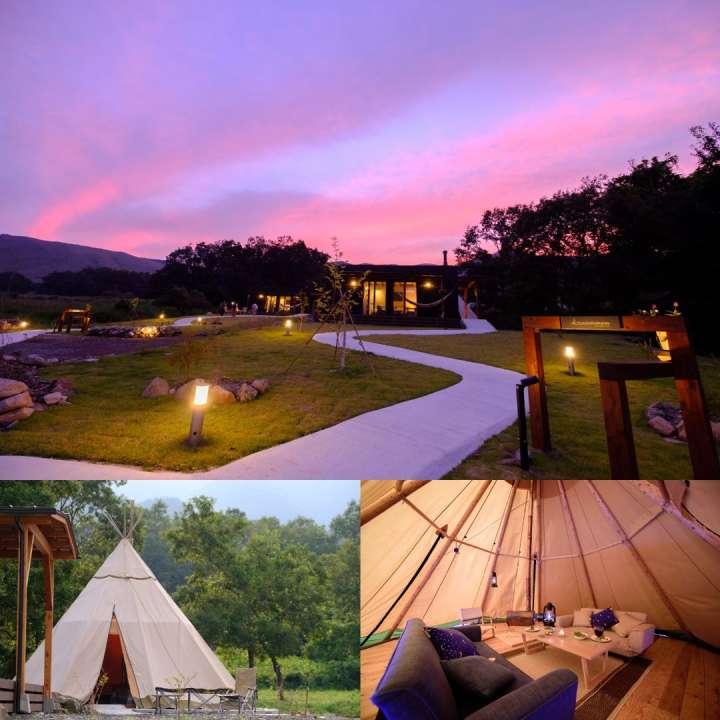 cabins which contain firewood stoves next to windows and cone-shaped Teepee tents