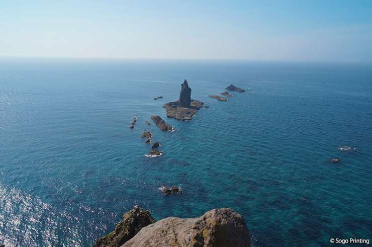 the precipitous cliffs and rock formations from the sea in the ocean of Shakotan Town