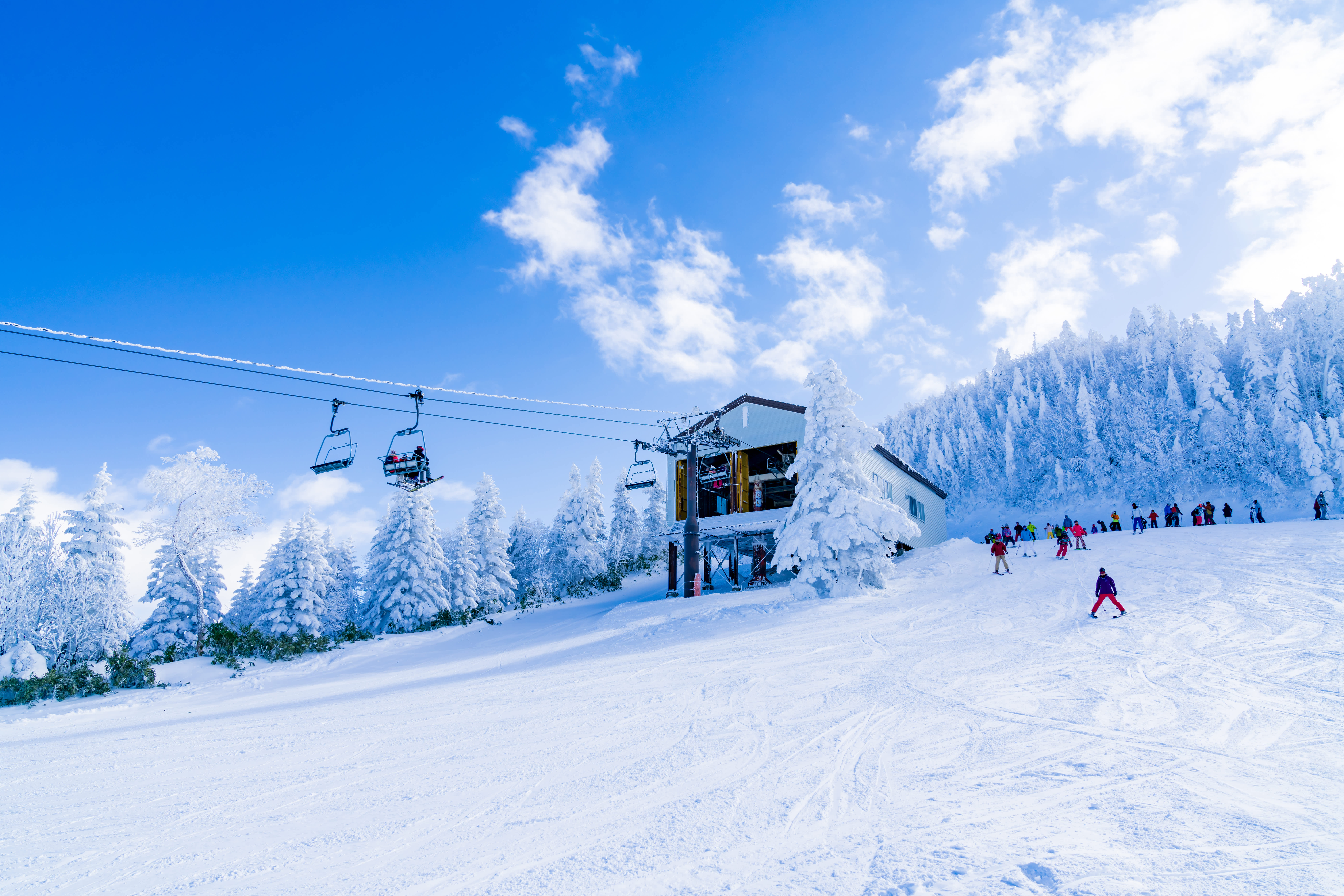 Télésiège et skieurs sur une piste enneigée à Nagano au Japon