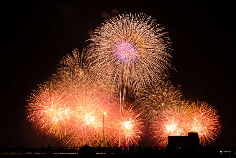 Spectacle in the sky from paid bleachers or for free at the bank along Sakura River