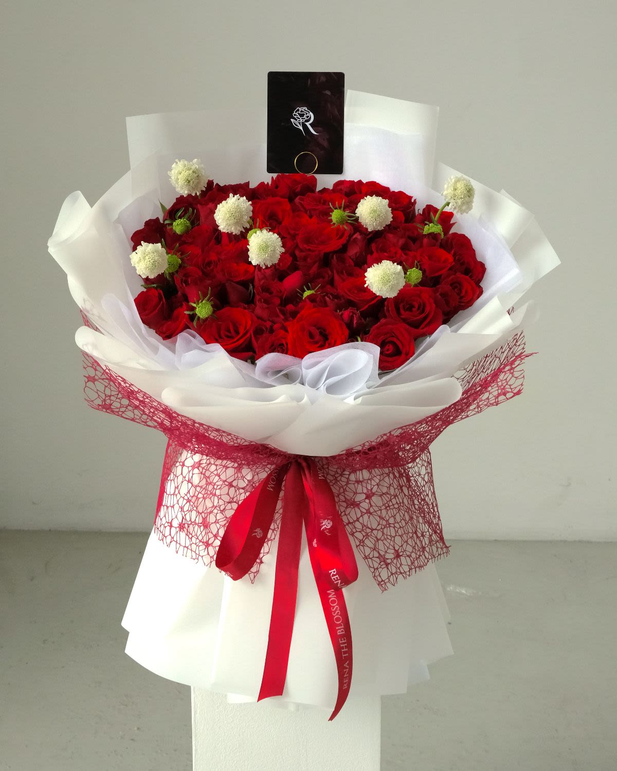 Red Blossom - 100 red roses with white scabiosa — passion and delicacy in perfect contrast. - Rena The Blossom Jakarta
