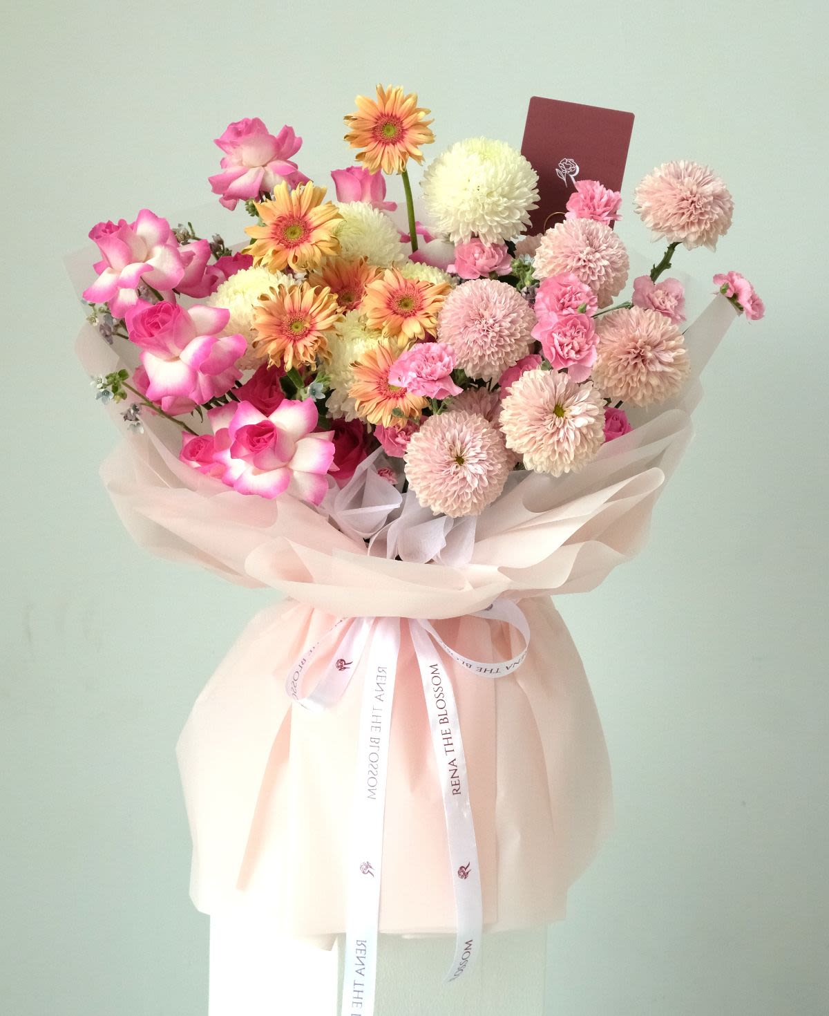 Viridian - Hot pink roses, gompie & peony mum with orange garbera — bold viridian energy. - Rena The Blossom Jakarta