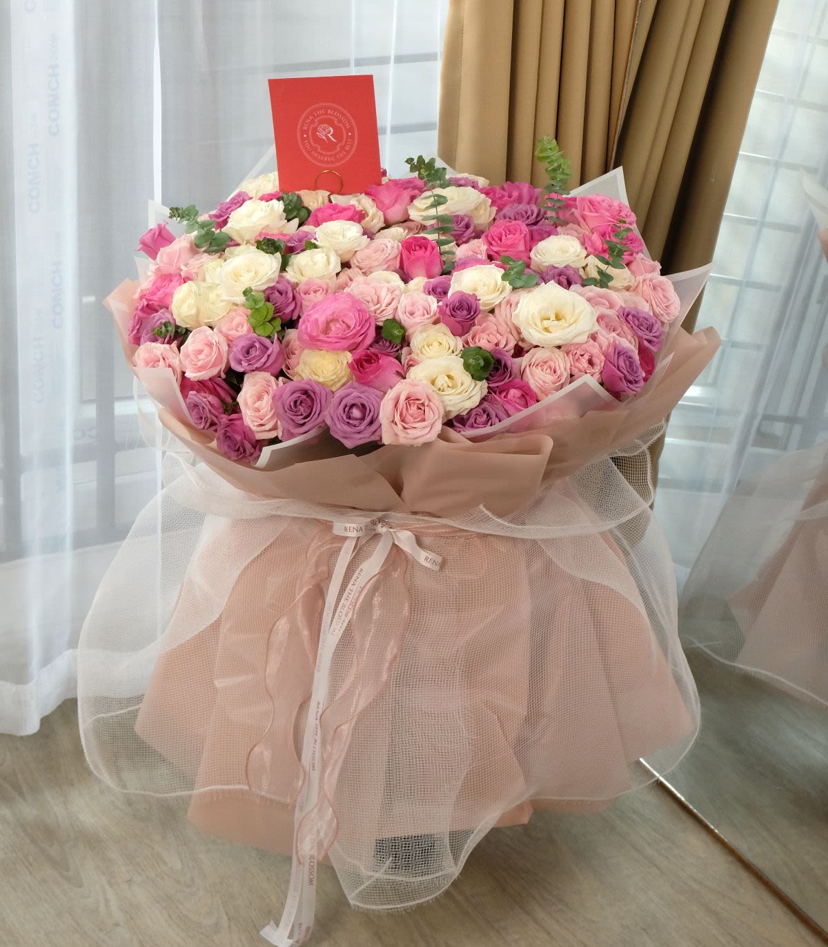 Rhapsody of Roses - Roses in purple, white & hot pink with silver dollar — a colour rhapsody in bloom. - Rena The Blossom Jakarta