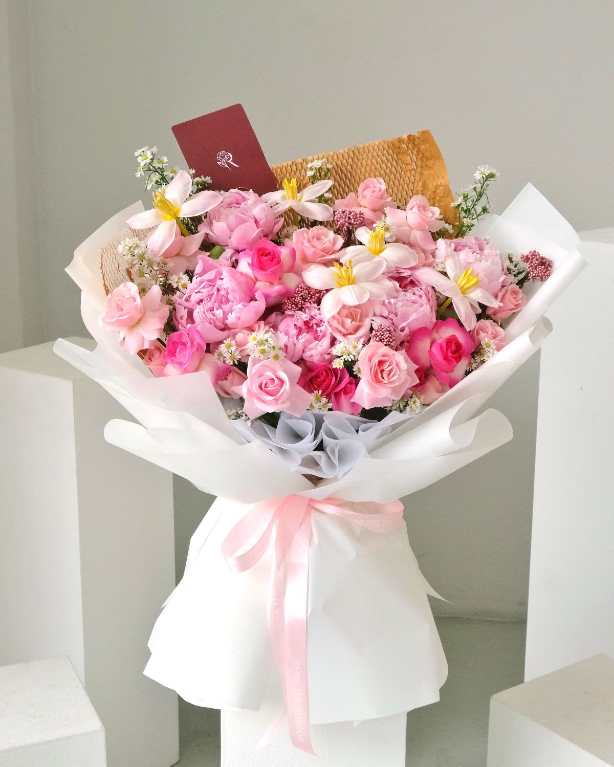 Secret Serenity - Pink roses, peony & tulips with riceflower — whispering serene secrets. - Rena The Blossom Jakarta