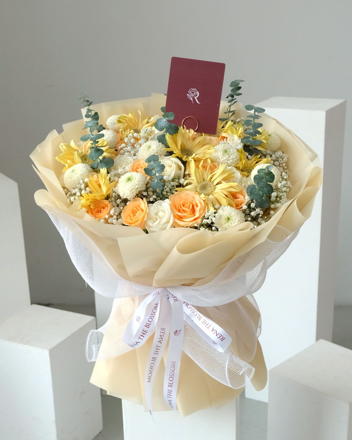 Morning Dew - White & peach roses, yellow garbera with pompom — fresh morning dew sparkle. - Rena The Blossom Jakarta