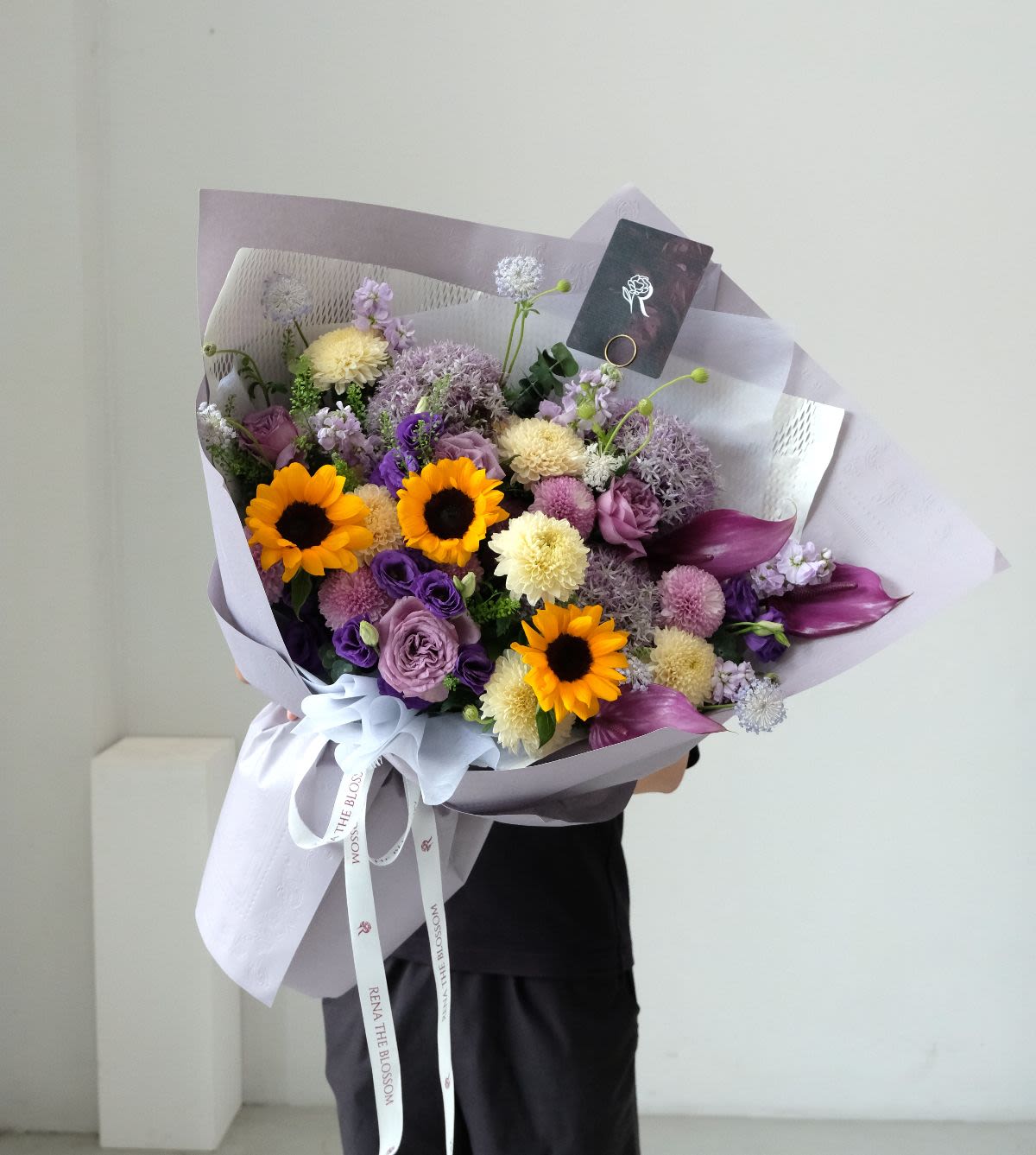 Tangled Dreams - Purple anthurium, sunflower & allium with matthiola — tangled garden dreams. - Rena The Blossom Jakarta