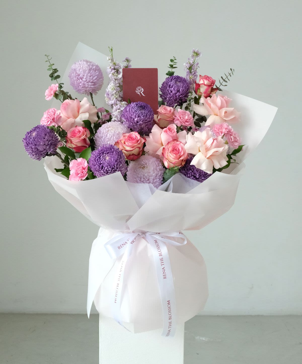 Violet Veil - Pink roses, peony mum & matthiola — veiled in violet elegance. - Rena The Blossom Jakarta