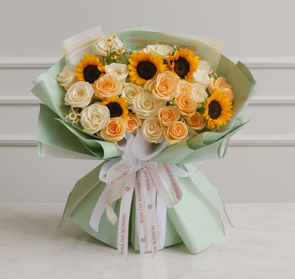 Sunny Elegance - White roses, sunflowers & pikok — elegance that isn't afraid of the sun. - Rena The Blossom Jakarta