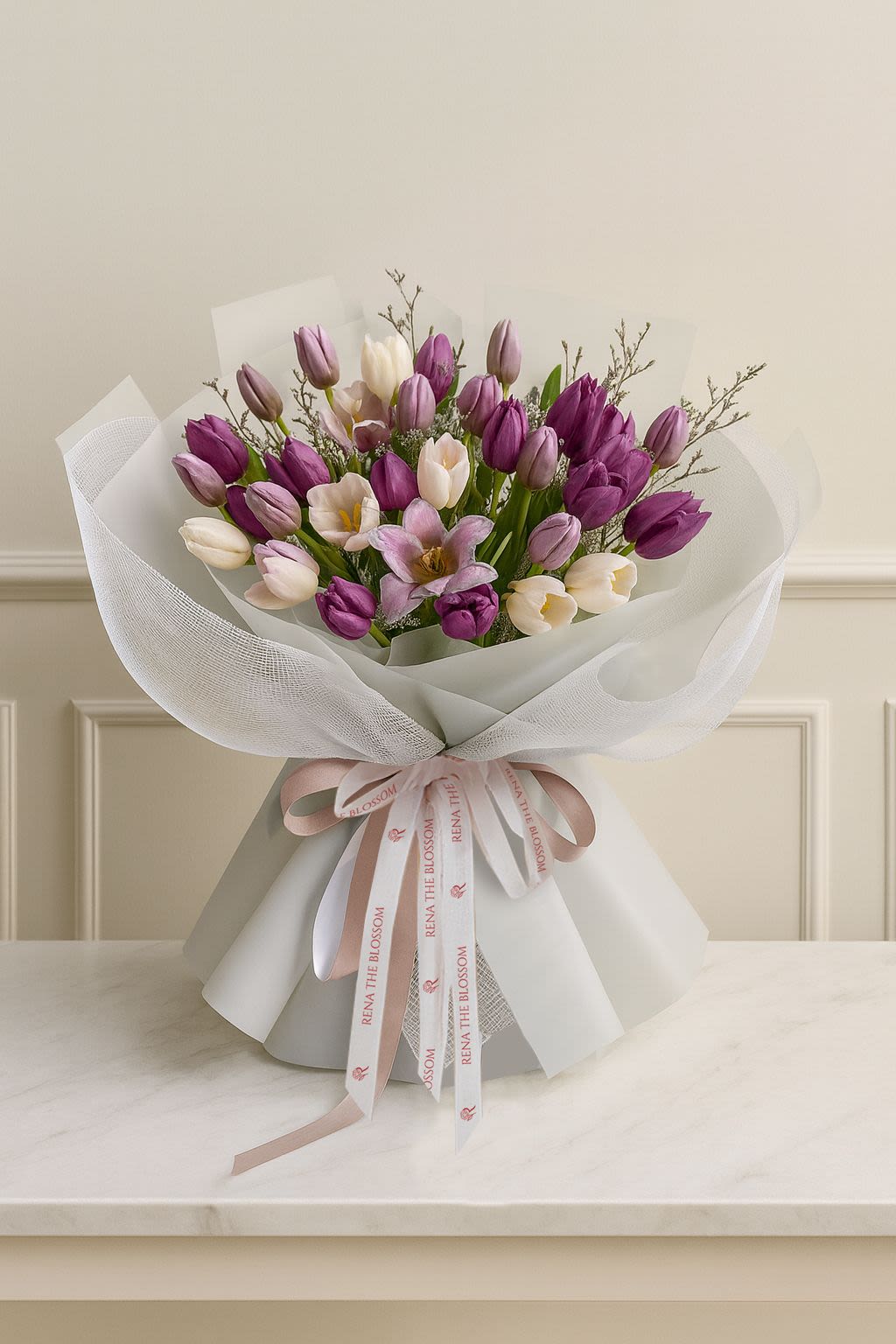 Purple Whisper - Purple tulips & caspea — spare, deliberate, and striking in its quiet intensity. - Rena The Blossom Jakarta