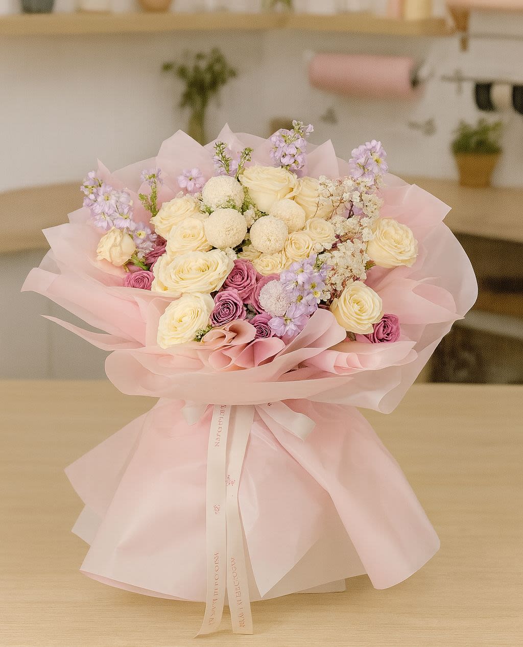 The Bare Minimum - White roses, pompom & matthiola — the bare minimum that contains everything beautiful. - Rena The Blossom Jakarta