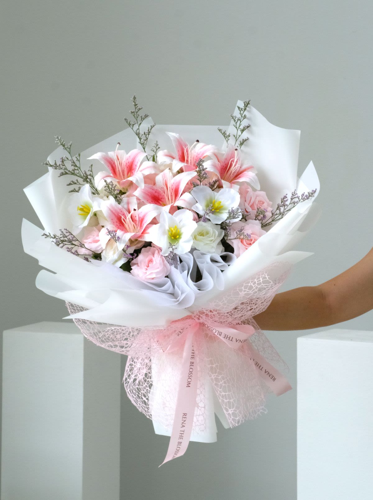 Lily morning - Artificial roses, lilies & tulips — a perpetually fresh morning composition. - Rena The Blossom Jakarta