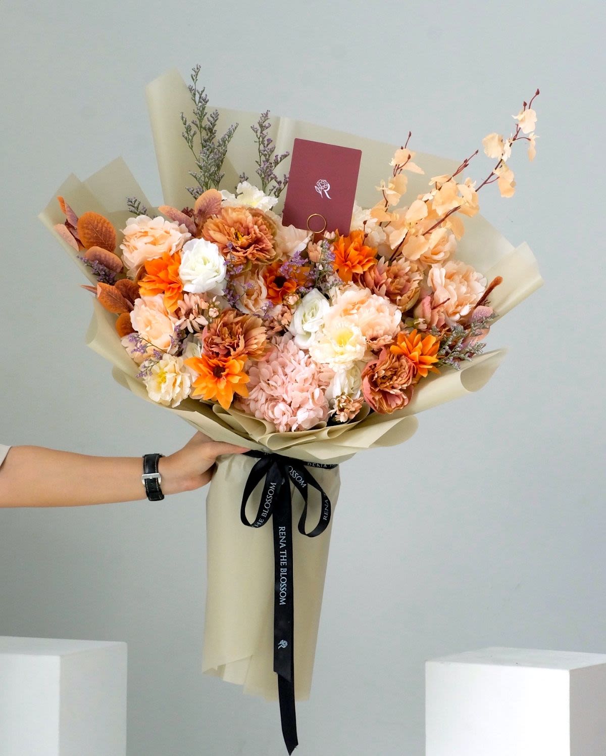 Sunset Harmony - Artificial rustic peonies, autumn asters & oncidium — a sunset that refuses to end. - Rena The Blossom Jakarta