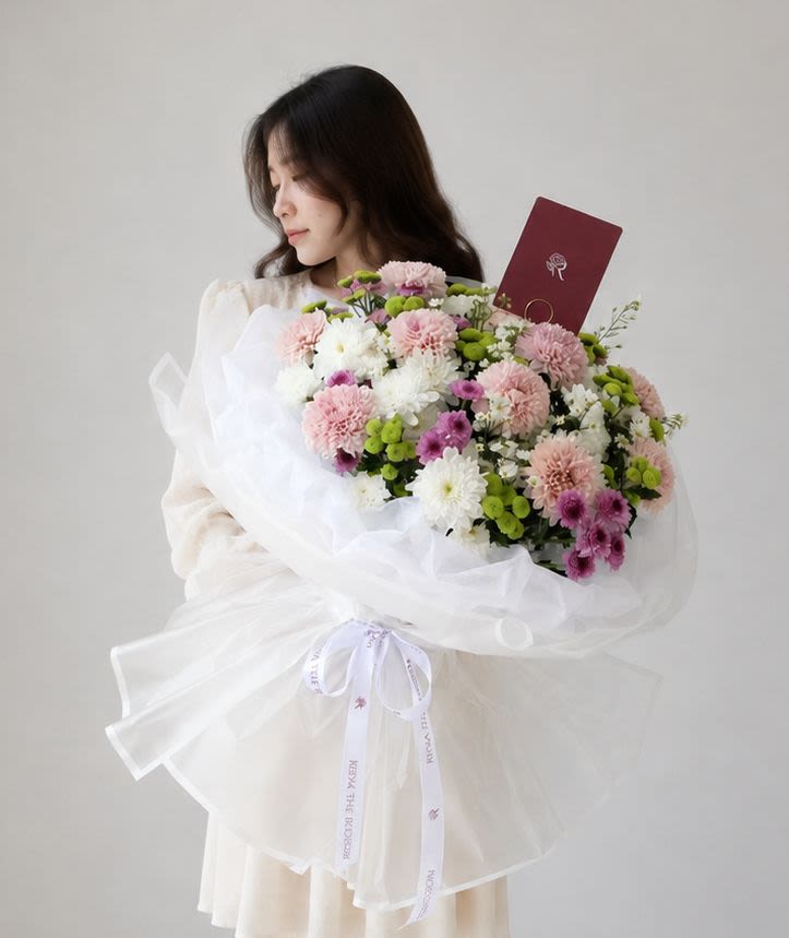 Garden Charm - Pink gompie, chrysant & purple lolipop with calimero — charming garden whimsy. - Rena The Blossom Jakarta
