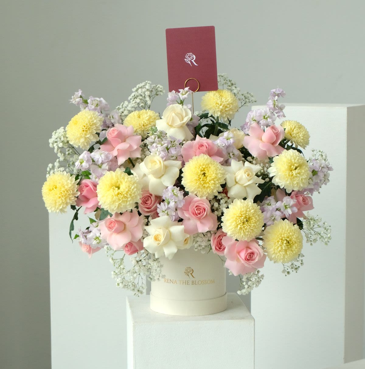 Pastel Haze - Pink roses, lemon gompie & purple matthiola with baby breath — soft, dreamy, and ethereal. - Rena The Blossom Jakarta