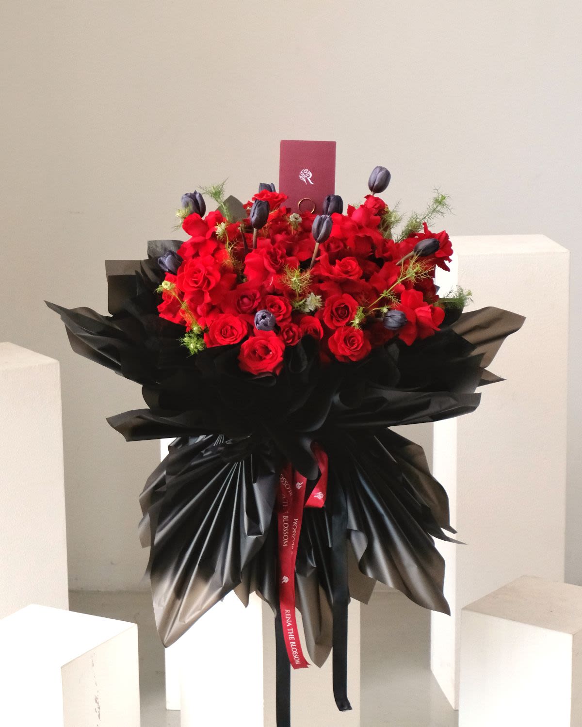 Ebon Spring - Red roses, grey tulips & blue nigella — mysterious ebon spring beauty. - Rena The Blossom Jakarta