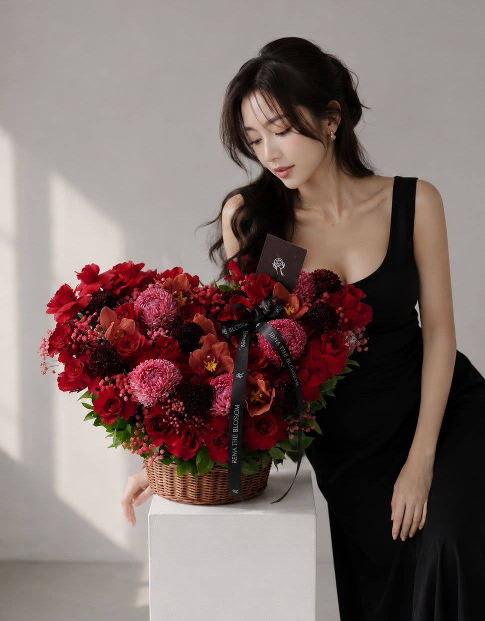 Heart of Red - Red roses, gompie & peony mum with cymbidium — passionate crimson heart. - Rena The Blossom Jakarta