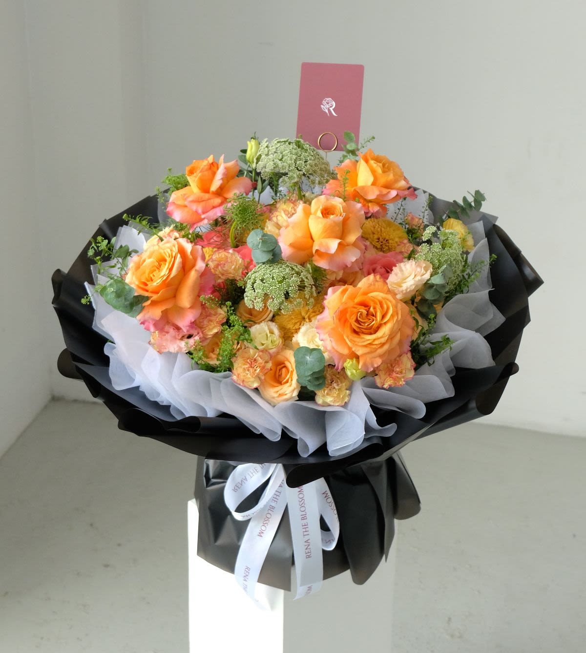 Midnight Ember - Free Spirit & peach roses, carnation & lisianthus — glowing midnight embers. - Rena The Blossom Jakarta