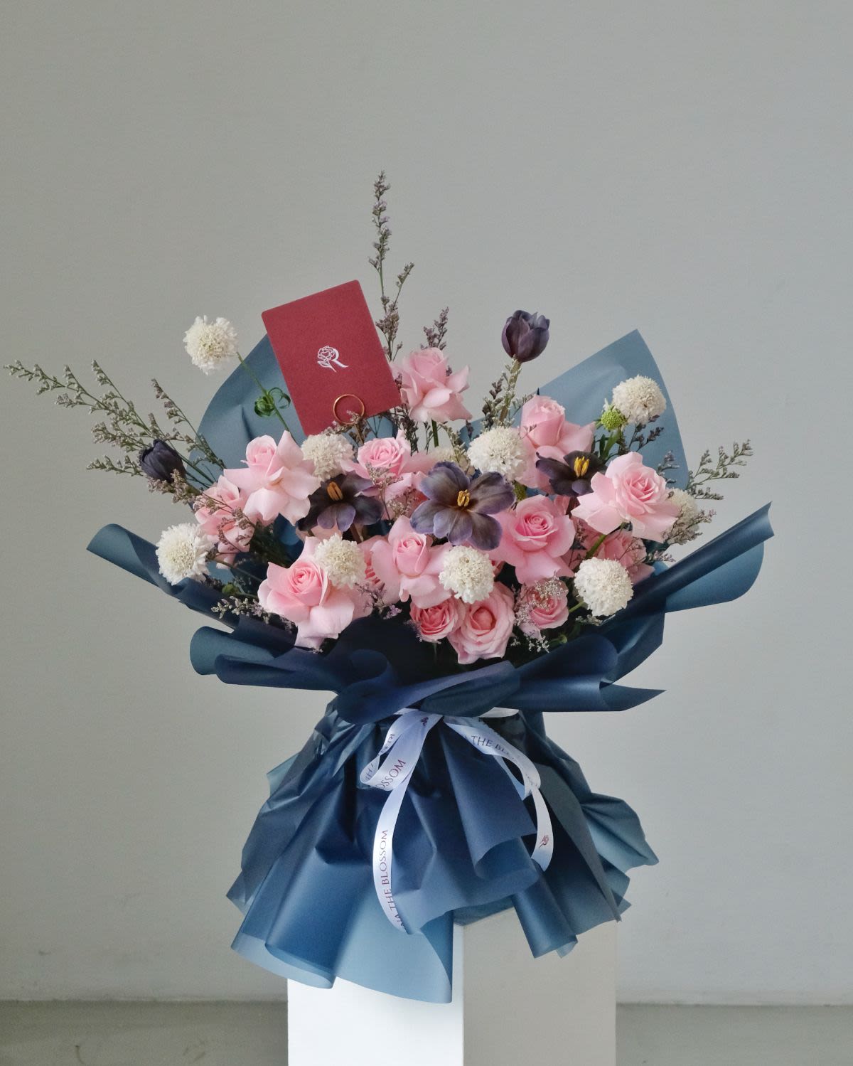 Ocean Song - Pink roses, grey tulips & light pink scabiosa with caspea — serene ocean rhythm. - Rena The Blossom Jakarta