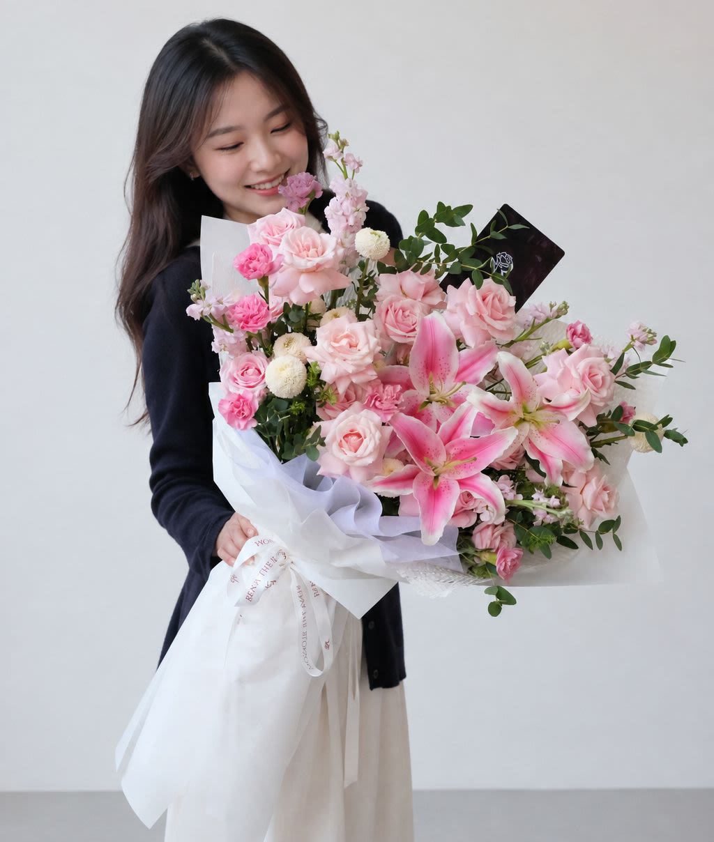 Slyphie - Pink roses, lily & matthiola with pompom — catalog of affection. - Rena The Blossom Jakarta