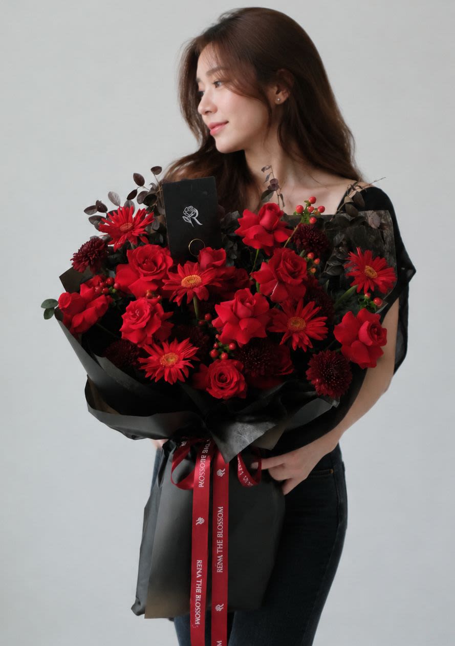 Scarlet Promise - Red roses, gompie & garbera with carnation — crimson catalog devotion. - Rena The Blossom Jakarta